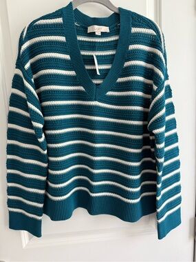 LOFT Teal and White Striped V-Neck Pullover Sweater